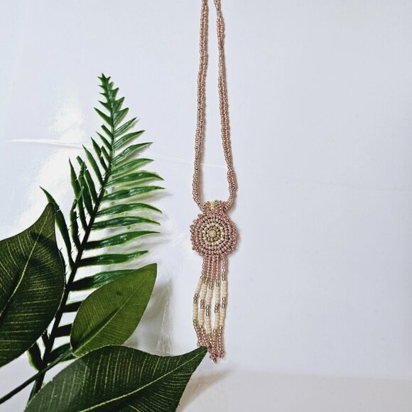 Rose Gold Fringe Beaded Indigenous Medallion Pendant Necklace | Handmade - Picture 4 of 10